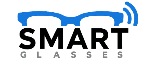 Logo of SMART GLASSES with blue eyeglasses and wireless signal icon on a white background